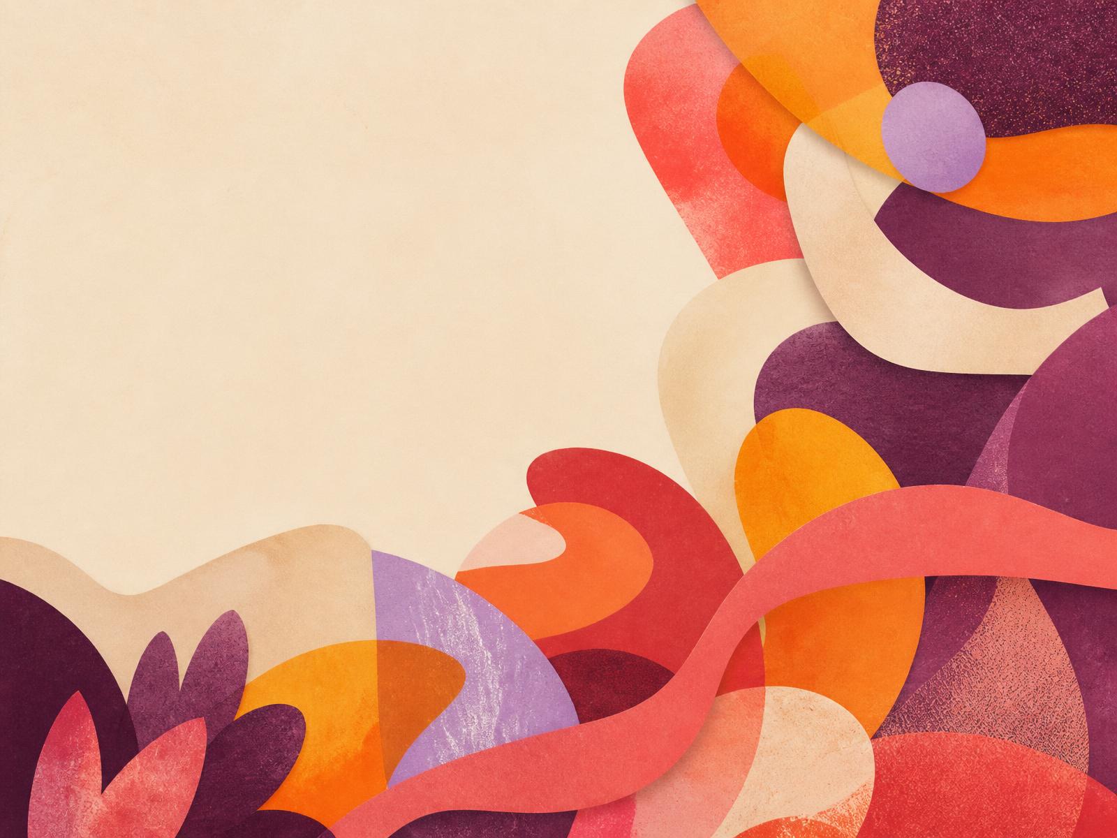 Layered coral, plum, orange, and lavender shapes gathering in motion